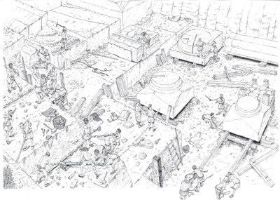 Medeltiden: vy föreställande arbetare som arbetar i marmorbrotten i Carrara (Carrara) på 1400-talet. Italien Illustration av Giorgio Albertini. (Användningen av denna författares verk är inte föremål för en ansökan om tillstånd från en tredje part o av Giorgio Albertini