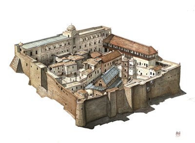 Översikt över det ortodoxa klostret S:ta Katarina av Sinai i Egypten. Illustration av Giorgio Albertini. (Användningen av denna författares verk är inte föremål för en ansökan om tillstånd från en tredje part eller för betalning av ytterligare avgifter). av Giorgio Albertini