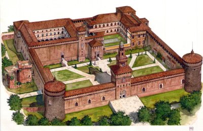 Översikt över Sforzaslottet (Castello Sforzesco) som byggdes av hertig Francesco Sforza på 1400-talet i Milano, Italien. av Giorgio Albertini