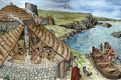 Förhistoria: Rekonstruktion av det dagliga livet under järnåldern, en familj i en broch, befäst bostad byggd i Skottland, troligt ursprung för fort, representerad i ett snitt, kvinnor lagar mat, män åker båt för jakt och fiske. Illustration av Giorgio Albe av Giorgio Albertini