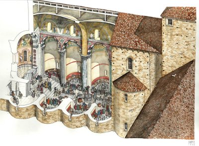 Återuppbyggnad av S:t Johannes Laterans basilika (S:t Johannes Laterano eller San Giovanni in Laterano) på 800-talet: den arkitektoniska koppen gör det möjligt att se triklinium och invigningsceremonin för en påve. Rom av Giorgio Albertini
