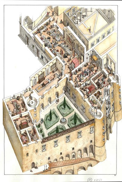 Rekonstruktion av det adliga golvet i hertigpalatset i Urbino, Italien. Det byggdes av hertig Federico da Montefeltro (Frederic de Montefeltre, hertig av Urbino) på 1400-talet. av Giorgio Albertini