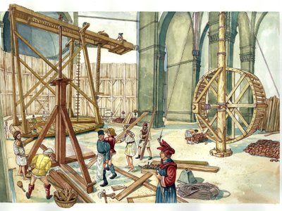 Renässans: rekonstruktion av byggarbetsplatsen för kupolen i kyrkan Santa Maria del Fiore (Duomo) efter ritningar av arkitekten Filippo Brunelleschi. 1436. Florens Italien Illustration av Giorgio Albertini. (Användningen av denna författares verk är inte av Giorgio Albertini