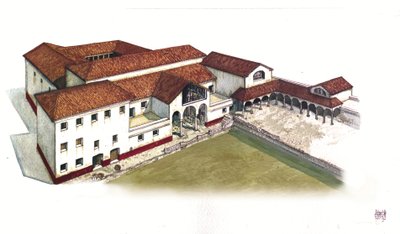 Roman Antiquite: Rekonstruktion av platsen för domus av Marine Porte (domus di porta marina) i Ostia antica (antika Ostia) på 400-talet, Italien. av Giorgio Albertini