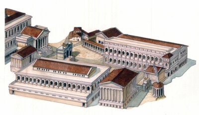 Roman antiquite: återskapande av det romerska forumet (foro romano) under kejsar Augustus (Caius Julius Caesar Octavianus Augustus) tid (63 f.Kr.-14 e.Kr.) av Giorgio Albertini