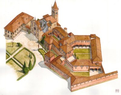 Romanogotisk konst: aeriansk vy av Viboldone-klostrets struktur som byggdes mellan 1176 och 1348 i San Giuliano Milanese, nära Milano, Italien Illustration av Giorgio Albertini. (Användningen av denna författares verk är inte föremål för en ansökan om till av Giorgio Albertini