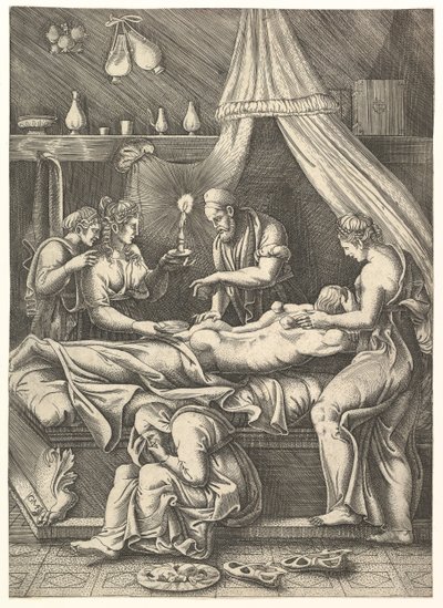 En allegori om sjukdom, man som lägger sig på en säng omgiven av figurer, ca. 1540. av Giorgio Ghisi