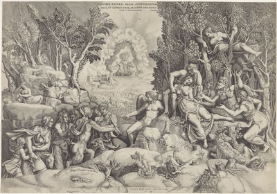 Cephalus en de Bosgoden beweenen de dood van Procris Procrinus av kungen av Aten / Dotter och hustru till Cephalus, av samma make omedvetet (titel på objekt) av Giorgio Ghisi