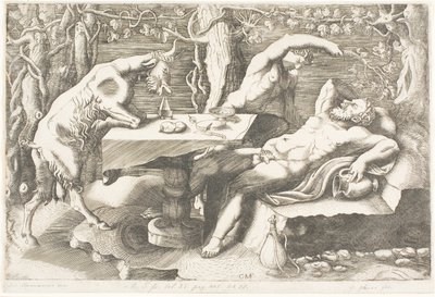 Satyr försöker väcka Silenus med en vinranka av Giorgio Ghisi