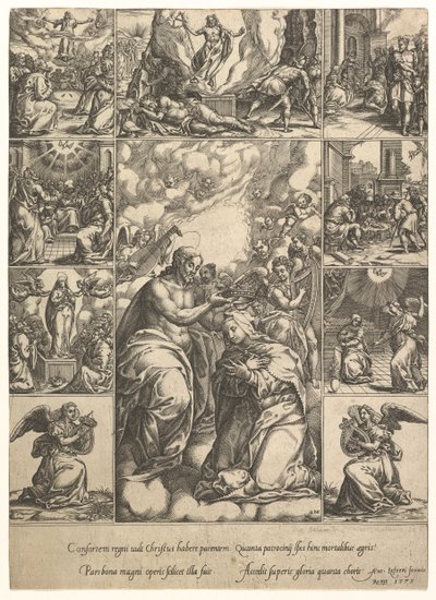 Jungfruns kröning, omgiven av nio vinjetter med scener från livet av..., år 1575. av Giorgio Ghisi