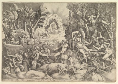 Procris död, Cephalus sörjer Procris död till höger omgiven av..., ca. 1540. av Giorgio Ghisi
