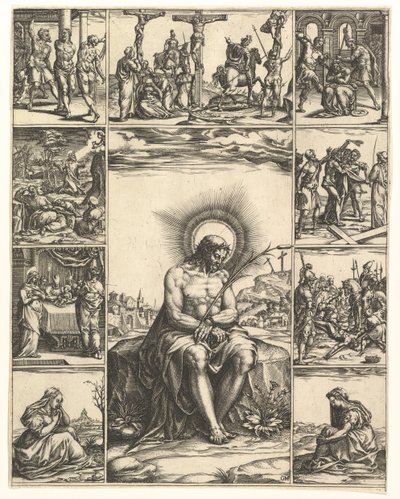 The Man of Sorrows, en bild av Kristus omgiven av nio vinjetter som skildrar scener av..., år 1575. av Giorgio Ghisi