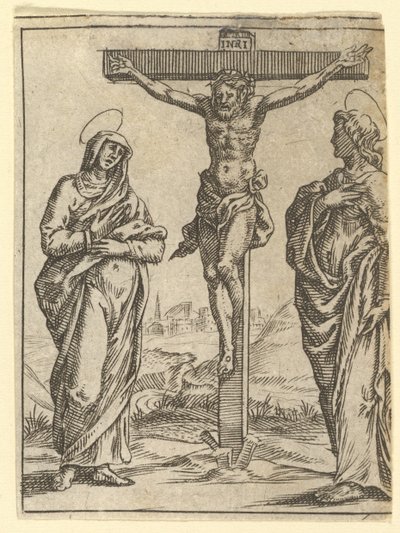 The Virgin of Sorrows: The Crucifixion, en av nio omgivande fack från V..., år 1575. av Giorgio Ghisi