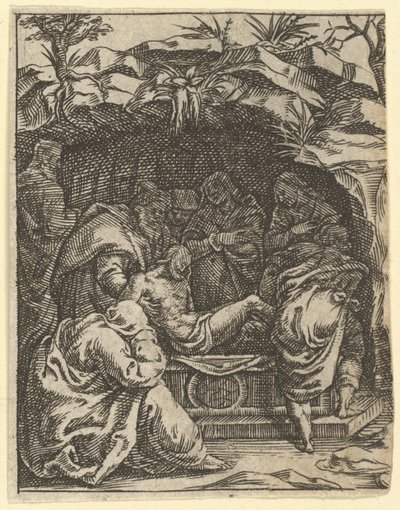 The Virgin of Sorrows: The Entombment, en av nio omgivande fack från Vi..., år 1575. av Giorgio Ghisi