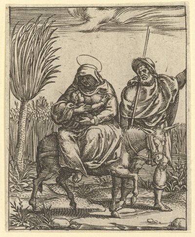 The Virgin of Sorrows: The Flight into Egypt, en av nio omgivande fack från..., år 1575. av Giorgio Ghisi