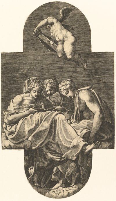 Tre musor och en putto ovan med en lyra, från en serie om åtta kompositioner efter Fran..., 1560-talet. av Giorgio Ghisi