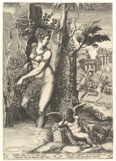 Venus prickad av törnen på en rosenbuske, i bakgrunden Mars jagar Adonis, i ..., 1556. av Giorgio Ghisi