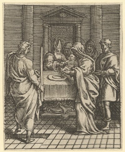 Virgin of Sorrows: The Presentation in the Temple, en av nio omgivande fack..., år 1575. av Giorgio Ghisi