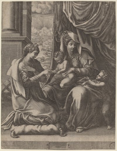 Saint Catherines mystiska äktenskap av Giorgio Ghisi after Francesco Primaticcio
