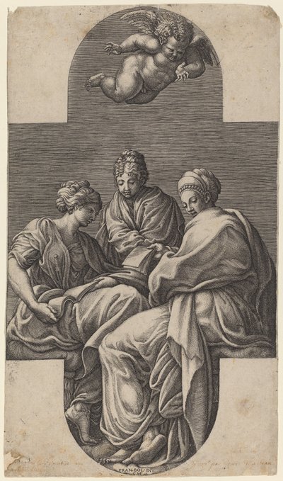 Tre muser och en gestikulerande putto av Giorgio Ghisi after Francesco Primaticcio