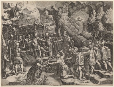 Sinon bedrager trojanerna av Giorgio Ghisi after Giovanni Battista Scultori