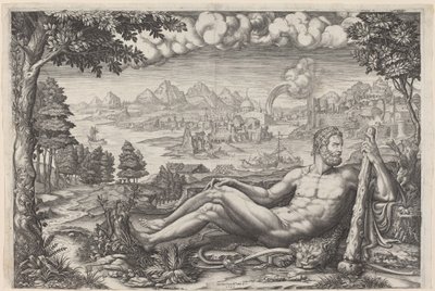 Hercules vilar från sitt arbete av Giorgio Ghisi after Giulio Romano