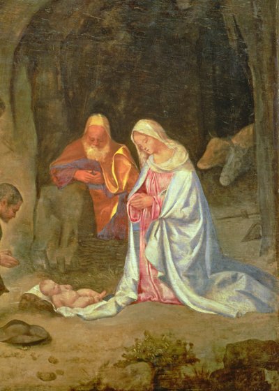 Adoration of the Shepherds, detail of the Holy Family, c.1510 (panel) (detail of 68685)swed av Giorgio Giorgione
