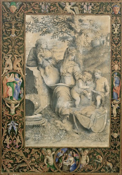 Kant av ett upplyst manuskript som omger en teckning efter Rafaels The Holy family under the Oak (tillskriven Clovio), av Giorgio Giulio Clovio
