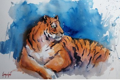 En majestätisk tiger i akvarell av Giorgio Gosti