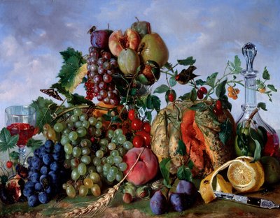 Stilleben av augusti månads frukt, persikor, melon, vindruvor, Damaskus plommon, päron (Augustfrukter, persikor, melon, päron, vindruvor och damsons) Målning av Giorgio Rovea (ca 1815-1892) 1862 Dim 53x67 cm Gener , Galleria d