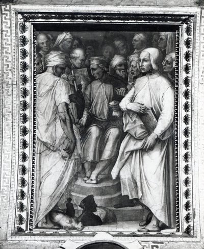 Cosimo de Medici sitter bland filosofer och konstnärer i Sala di Cosimo il Vecchio av Giorgio Vasari