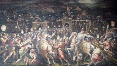 Italien, Florens, Palazzo Vecchio (gamla palatset), Salone dei Cinquecento, intagande av fortet nära Port Camollia i Siena av Giorgio Vasari