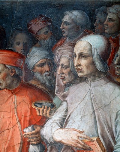 Marsilio Ficino flankerad av Paolo del Pozzo Toscanelli, detalj av Cosimo den äldre bland filosofer och konstnärer av Giorgio Vasari