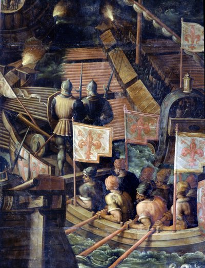 Sjöslag mellan Florens och Pisa. Detalj. Tak i vardagsrum i Cinquecento. Manéristisk målning av Giorgio Vasari (1511-1574) ,1565. Palazzo Vecchio (Palazzo della Signoria) Florens 1097.1 av Giorgio Vasari
