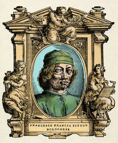 Porträtt av Francesco FRANCIA (1450-1517) italiensk målare. Gravyr av avhandlingen "" Livet för de mest utmärkta målarna, skulptörerna och arkitekterna "" (Le Vite de
