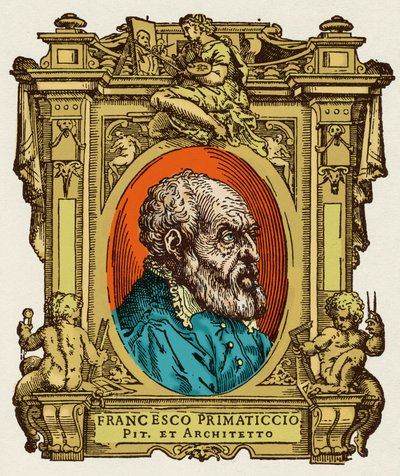 Porträtt av Francesco Primaticcio känd som The Primatice (1504-1570) målare, skulptör och arkitekt. Han var medlem av Ecole de Fontainebleau. Gravering av godbiten "" Livet för de mest utmärkta målarna, skulptörerna och arkitekterna "" (Le Vite de