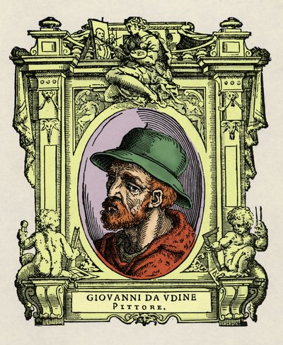 Porträtt av Giovanni da Udine (Giovanni Nanni) (1487-1564). Italiensk målare och arkitekt. Gravering av godbiten "" Lives of the most excellent painters, sculptors and architects "" (The Lives of the most excellent painters, sculptors and architects) av Gi av Giorgio Vasari