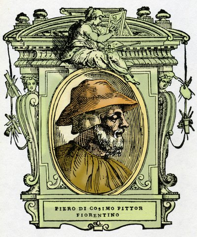 Porträtt av Piero di Cosimo (ca 1462-1521?), florentinsk målare. Gravering av godbiten "" Lives of the most excellent painters, sculptors and architects "" (The Lives of the most excellent painters, sculptors and architects) av Giorgio Vasari av Giorgio Vasari