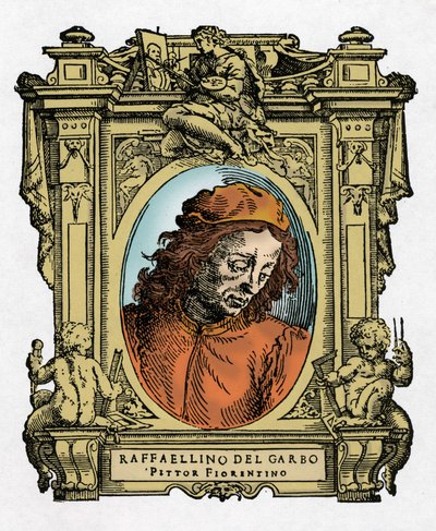 Porträtt av RAFFAELLINO DEL GARBO (Raffaellino de Carli) (1466-1525) italiensk målare. Gravering av godbiten "" Livet för de mest utmärkta målarna, skulptörerna och arkitekterna "" (Le Vite de