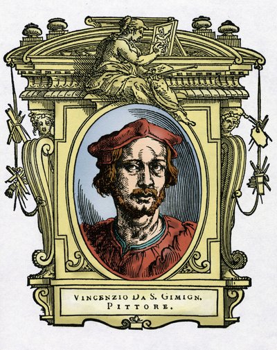 Porträtt av Vincenzo TAMAGNI (Vincenzo da San Gimignano) (1492-1530) italiensk målare. Gravering av godbiten "" Lives of the most excellent painters, sculptors and architects "" (The Lives of the Most Excellent Painters, Sculptors and Architects) av Giorgi av Giorgio Vasari