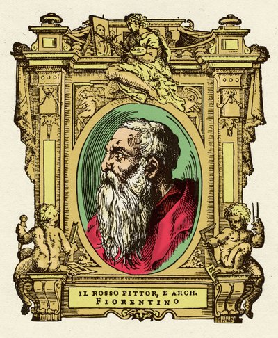 Porträtt av målaren Giovanni Battista di Jacopo (Rosso Fiorentino) (1495-1540). Han var medlem av Ecole de Fontainebleau. Gravering av godbiten "" Livet för de mest utmärkta målarna, skulptörerna och arkitekterna "" (Le Vite de
