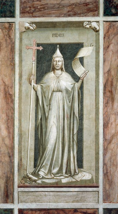 Tro, kvinnlig figur som håller korset och en rullsymbol för den uppenbarade sanningen, samtidigt som de förstör en idol och står på symboler för kabbalan, av Giotto, cykel av fresker The Vices and Virtues, efter restaurering, Scrovegni Chapel, Padua, Venet av Giotto (c.1266 1337)