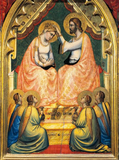 Italien, Florens, Basilica of Holy Cross, Bandini Baroncelli Chapel, Coronation of Virgin, av Giotto (1267-1337), fresk, detalj av Giotto (c.1266 1337)