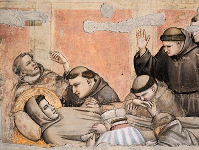 Italien, Florens, Basilica of Holy Cross, Bardi Chapel, Death of St Francis av Giotto (1267-1337), fresk, detalj av Giotto (c.1266 1337)
