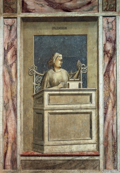 Försiktighet, kvinnlig figur som sitter vid ett skrivbord, tittar på det förflutna för att lära av erfarenheter och läser en bok för att få läror för framtiden, av Giotto, cykel av fresker The Vices and Virtues, efter restaureringen, Scrovegni Chapel, Padu av Giotto (c.1266 1337)