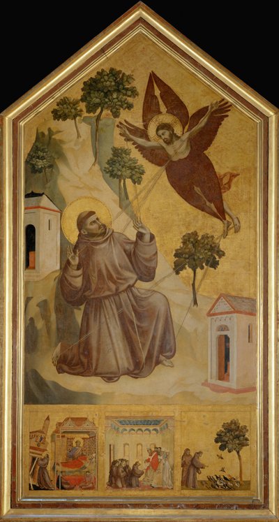Sankt Franciskus av Assisi som får stigmata. i€ la predelle: Le songe d