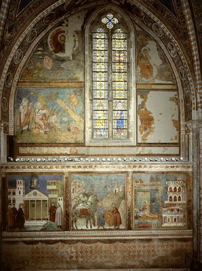 Scener ur St. Franciskus liv: Den enkla mannen hedrar St. Franciskus; St Francis ger sin kappa till den fattige riddaren; St Francis ser i drömmen ett palats fullt av vapen av Giotto (c.1266 1337)