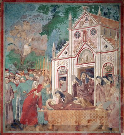 Den helige Franciskus av Assisis begravningskår stoppas framför Saint Damien så att Saint Claire kan vörda kroppen - Fresco av Giotto (c.1266 1337)