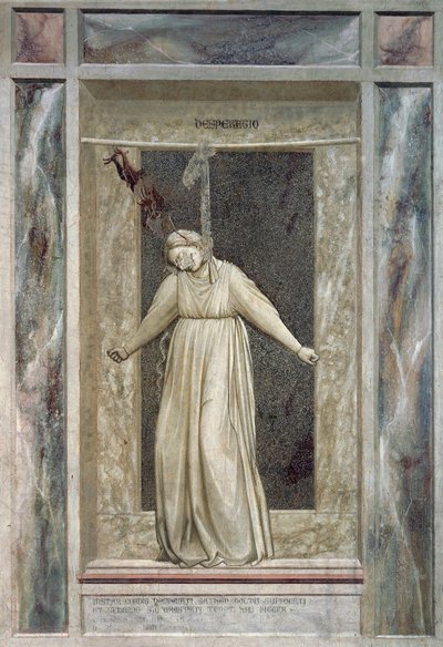 Förtvivlan, kvinnlig figur som hänger sig och djävulen som tar henne i håret, av Giotto (1267-1337), detalj från freskernas cykel The Vices and Virtues av Giotto (c.1266 1337)