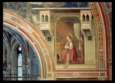 Bebådelsen, detalj av Jungfrun som knäböjer, från lunetten ovanför altaret, ca 1305 (fresk) av Giotto (c.1266 1337)